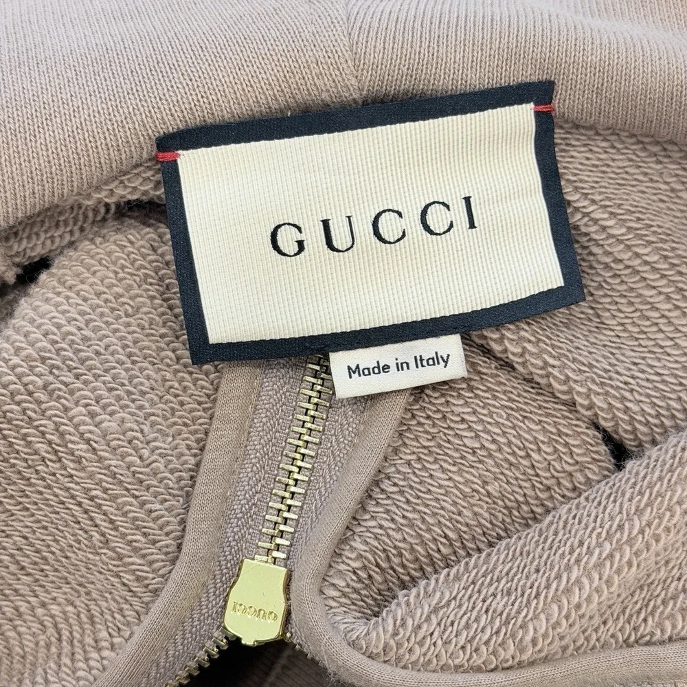 Gucci Half Zip Hoodie Web Stripe Logo Patch Beige Pink Cotton Size S Italy